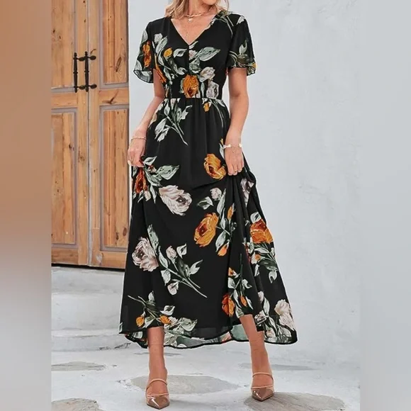 fitted lace wedding dress Ashore Shop Womens Boho Long Dress Fashion Paisley Print V Neck Short Sleeve Dresses Summer Belt Large Hem Beach Dress Elegant Slit Skirt main image 0